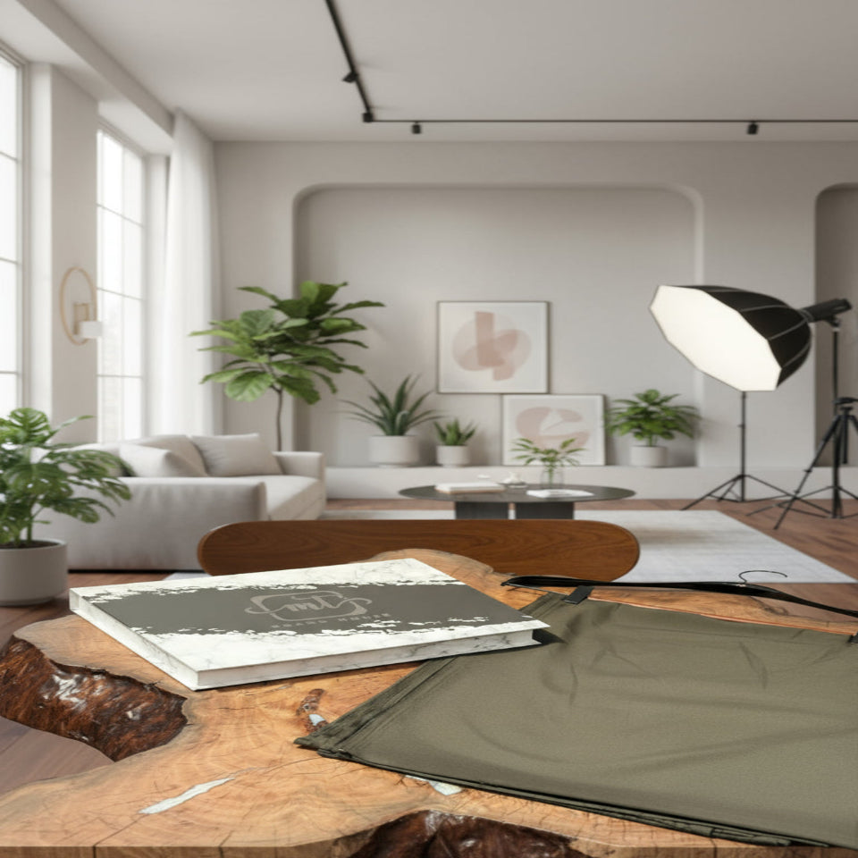 Olive green fabric on a wooden surface with a branded box.